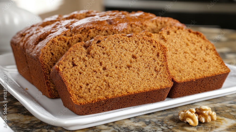 Fresh Baked Pumpkin Bread. Delicious Homemade Dessert with Walnuts, Closeup View Fresh Baked Pumpkin Bread. Delicious Homemade Dessert with Walnuts, Closeup View