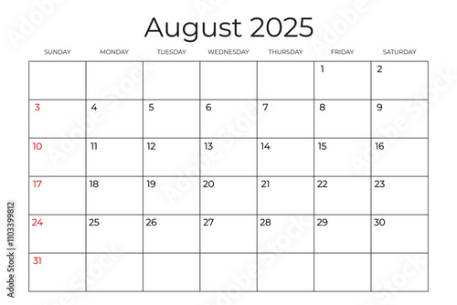 Printable Monthly Calendar template for August 2025. Week Starts on SUNDAY. Wall Calendar in a Minimalist Style. Simple and clean design. Ready to print. Vector illustration