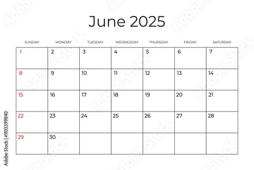 Printable Monthly Calendar template for June 2025. Week Starts on SUNDAY. Wall Calendar in a Minimalist Style. Simple and clean design. Ready to print. Vector illustration