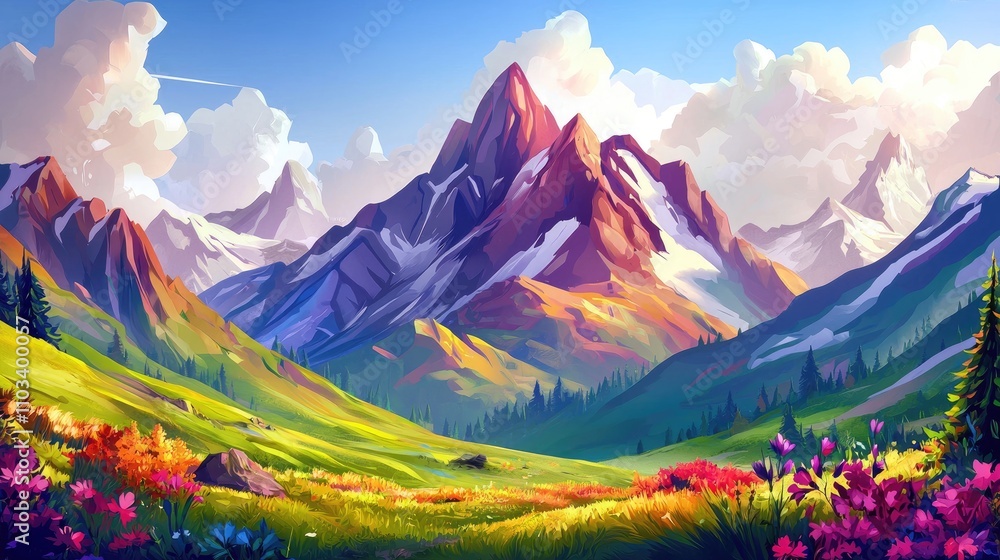 A vibrant, colorful mountain landscape with a lush valley, snow-capped peaks, and a blue sky with fluffy clouds. A vibrant, colorful mountain landscape with a lush valley, snow-capped peaks, and a blue sky with fluffy clouds.