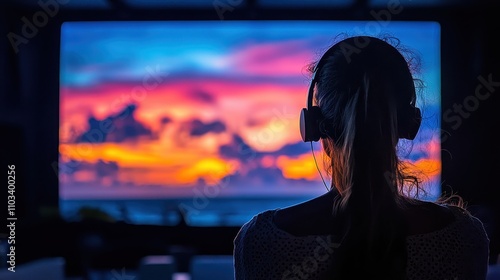 A person enjoying a colorful sunset on a screen while wearing headphones indoors. photo