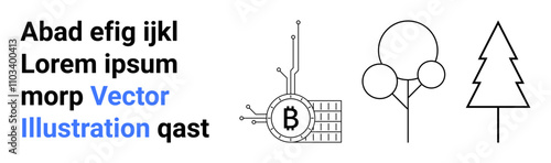 Black and white Bitcoin circuit beside simplistic round and triangular trees, accompanied by placeholder text. Ideal for tech, blockchain, nature, fintech, eco-initiatives, digital art