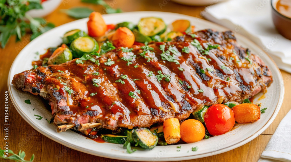Delicious bbq ribs with grilled vegetables and herbs on white plate Delicious bbq ribs with grilled vegetables and herbs on white plate