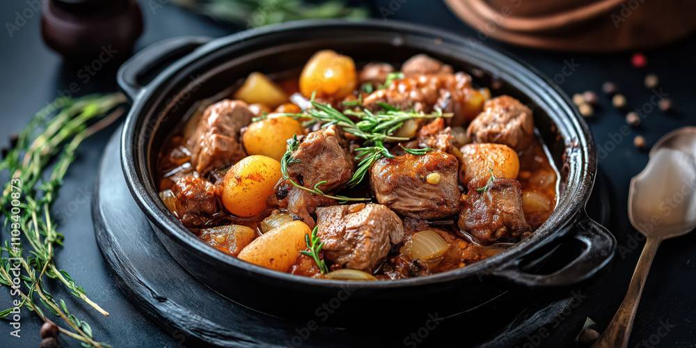 Hearty lamb stew with potatoes and herbs in rustic cooking pot Hearty lamb stew with potatoes and herbs in rustic cooking pot