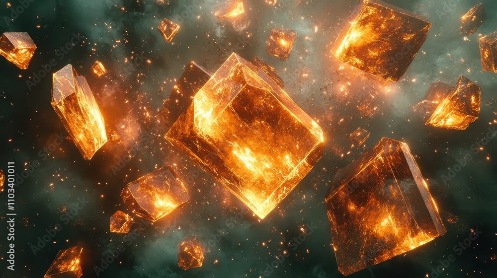 Obraz premium Floating Amber Crystals in a Cosmic Background with Glowing Effects