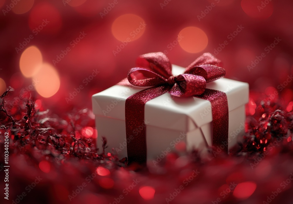 Elegant white gift box with a shiny red ribbon placed on a sparkling red background, perfect for festive occasions and holiday celebrations, conveying joy and surprise. Elegant white gift box with a shiny red ribbon placed on a sparkling red background, perfect for festive occasions and holiday celebrations, conveying joy and surprise.