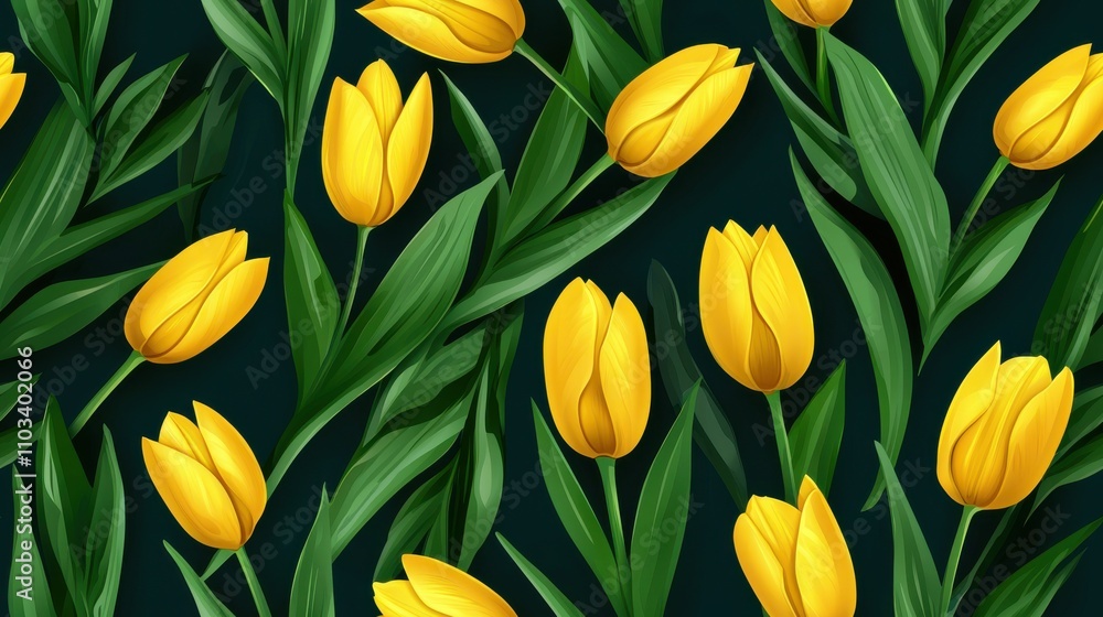 Obraz premium Vibrant Yellow Tulips Blooming in a Lush Spring Garden Landscape