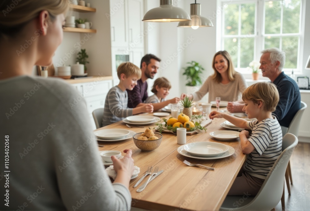 A family is sitting together around a kitchen table, enjoying a meal and conversation in a bright, cozy setting. The natural light and relaxed atmosphere create a happy and bonding family moment. A family is sitting together around a kitchen table, enjoying a meal and conversation in a bright, cozy setting. The natural light and relaxed atmosphere create a happy and bonding family moment.