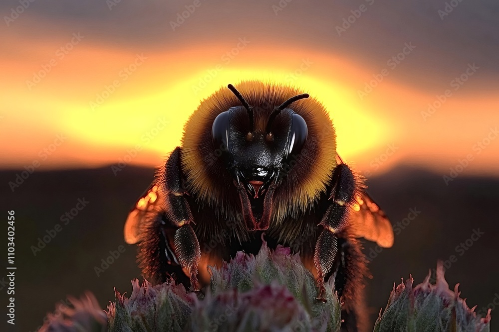 Obraz premium Bumblebee resting on a flower at sunset, creating a stunning silhouette against the vibrant orange sky, captured in a detailed macro photograph