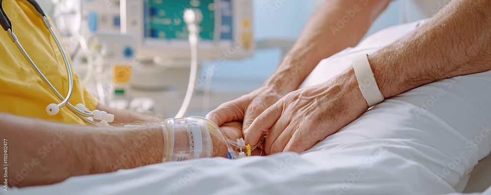 Fototapeta premium Caring hands connect in a hospital setting, symbolizing support and compassion.