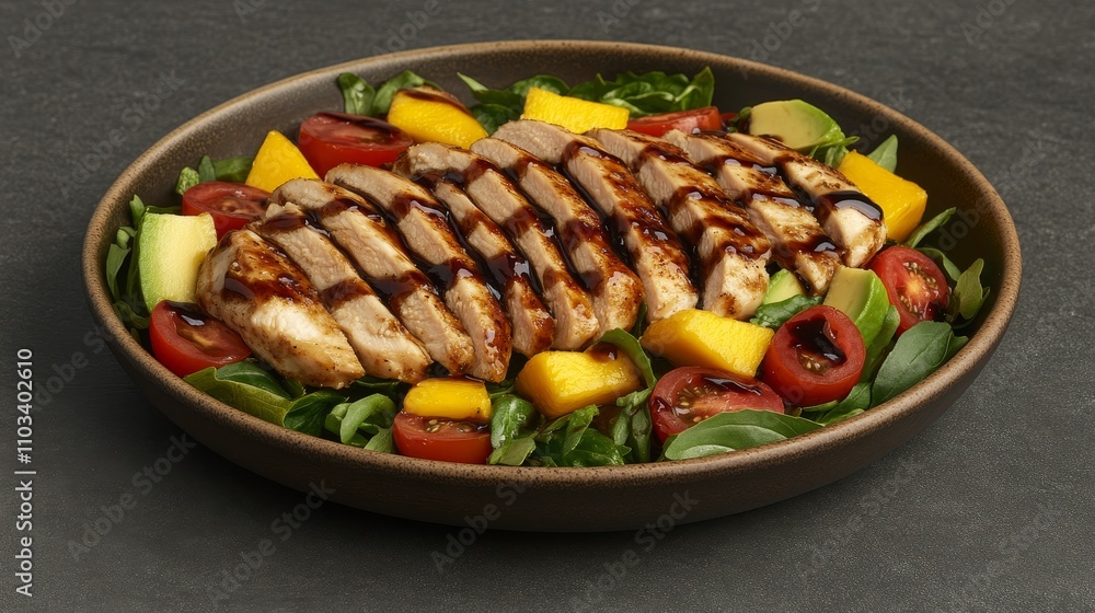 Balsamic Glazed Chicken Salad with with Mango,Tomato,and Avocado.Concept of Healthy eating,fusion cuisine,gourmet food,Food and beverage,restaurants,food photography,cookbooks. Balsamic Glazed Chicken Salad with with Mango,Tomato,and Avocado.Concept of Healthy eating,fusion cuisine,gourmet food,Food and beverage,restaurants,food photography,cookbooks.