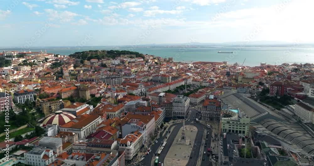 Aerial View Of Restauradores Square And Rossio Train Station In Lisbon, Portugal. Aerial View Of Restauradores Square And Rossio Train Station In Lisbon, Portugal.