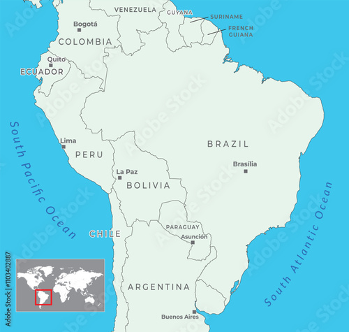 South America political map with international borders and capitals, Pacific and Atlantic Ocean