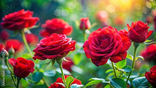 Close-Up Documentary Photography of Red Roses in Their Natural Habitat, Showcasing Elegance and Romantic Delicacy in Full Bloom with Intimate Details and Lush Greenery Surrounding