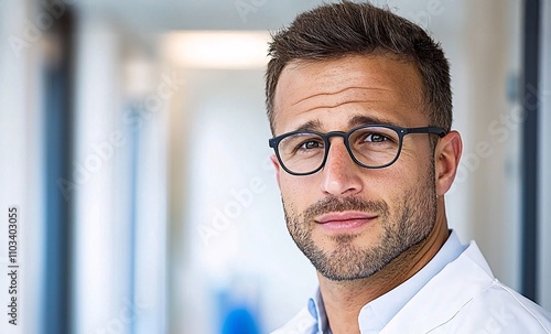 Confident doctor in glasses wearing a white coat, standing in a modern medical environment.