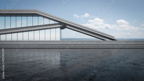 Abstract building with empty parking, concrete floor, and sea view. 3D rendering car scene background.