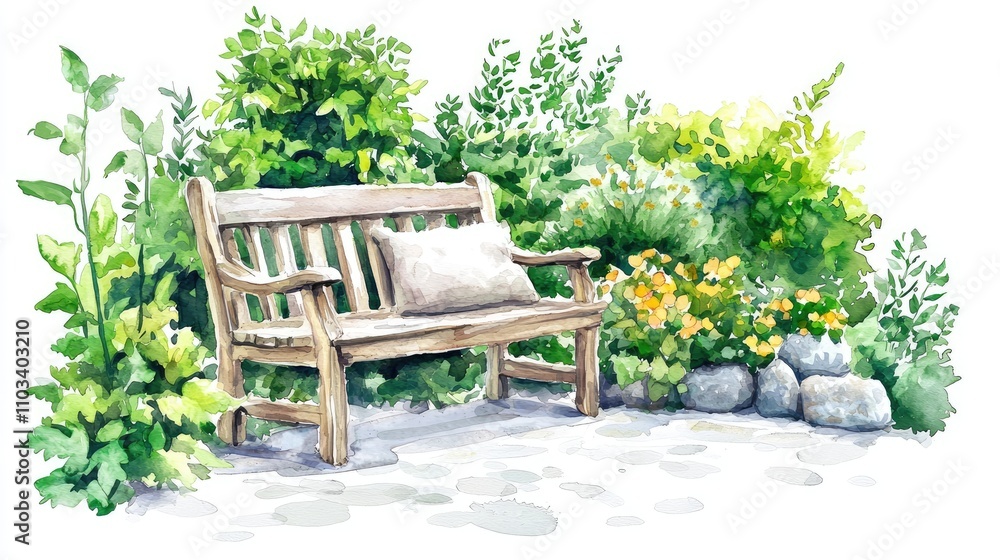 Watercolor Illustration of a Wooden Bench Surrounded by Lush Greenery Watercolor Illustration of a Wooden Bench Surrounded by Lush Greenery