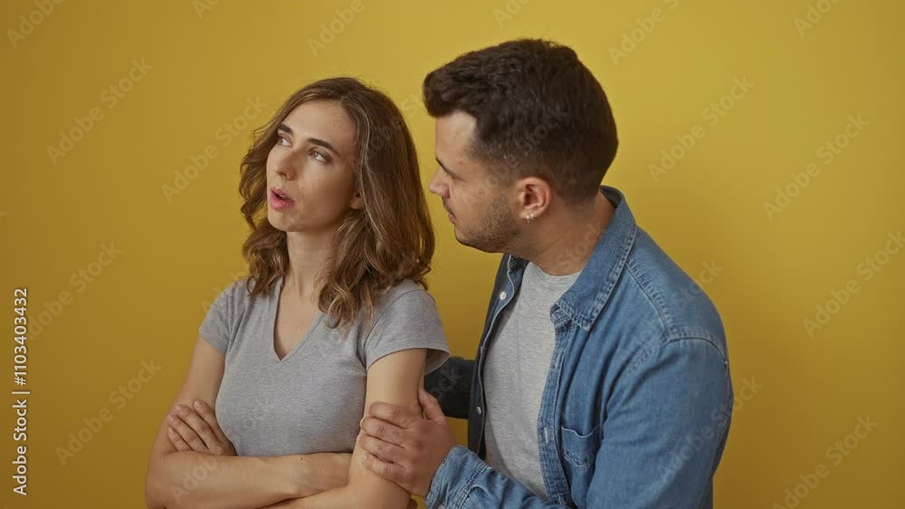 Man and woman in argument over isolated yellow background showcasing relationship tension with expressive body language Man and woman in argument over isolated yellow background showcasing relationship tension with expressive body language