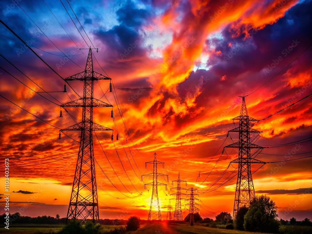 Fototapeta premium Breathtaking Surreal Sunset Behind Power Lines: Capturing the Harmony Between Nature and Man-Made Structures in a Dreamlike Landscape
