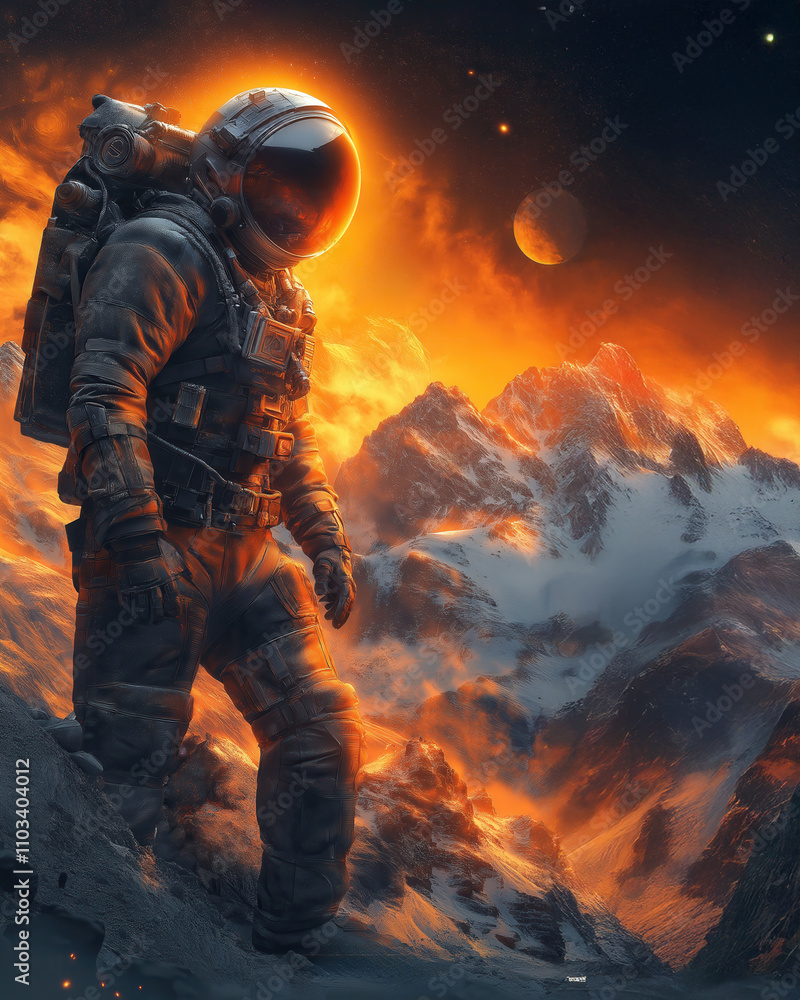 Astronaut standing on surface of barren and desert planet. Astronaut standing on surface of barren and desert planet.