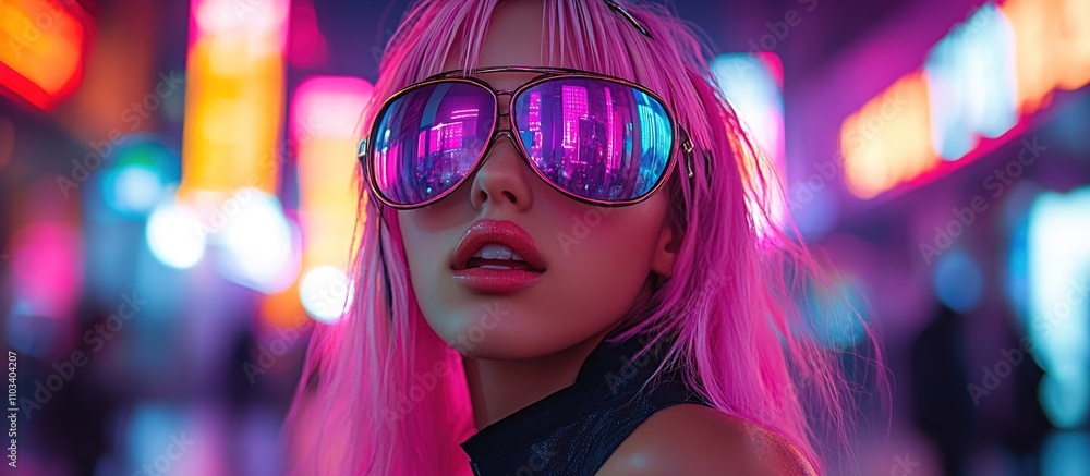 A stylish individual with pink hair and sunglasses in a vibrant urban setting. A stylish individual with pink hair and sunglasses in a vibrant urban setting.