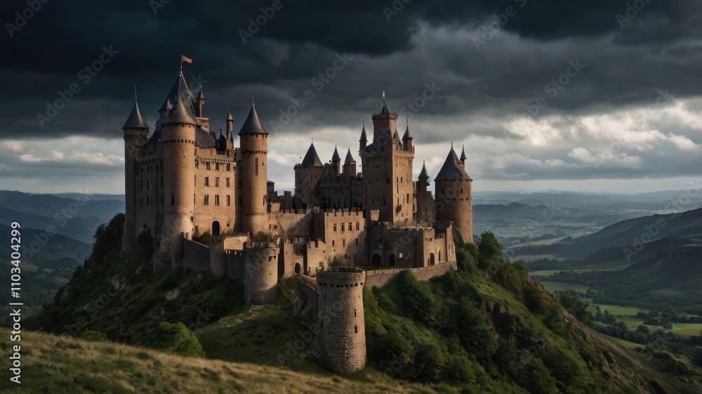 Majestic medieval castle on a hilltop under a dramatic stormy sky. Majestic medieval castle on a hilltop under a dramatic stormy sky.