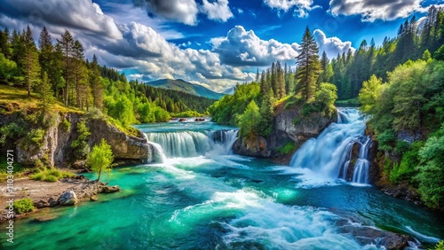 Breathtaking Turquoise Waterfall Cascading Down Rugged Mountain Cliffs Surrounded by Lush Green Forest and Serene River Beneath a Radiant Blue Sky in Panoramic View