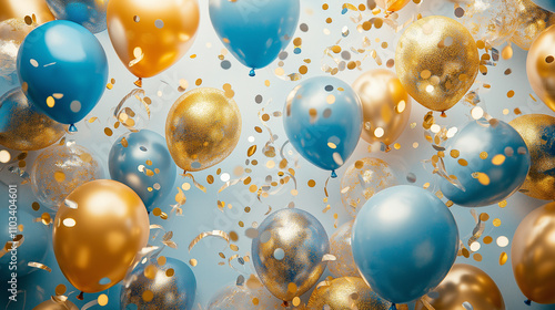 Wallpaper Mural Holiday background with golden and blue metallic balloons, confetti and ribbons. Festive card for birthday party, anniversary, new year, christmas or other events. Generative AI Torontodigital.ca