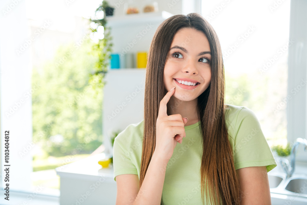 Young woman daydreaming in a bright kitchen, planning her next culinary adventure with a joyful smile on her face Young woman daydreaming in a bright kitchen, planning her next culinary adventure with a joyful smile on her face