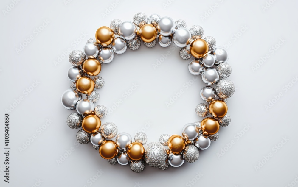 A circle made of alternating gold and silver baubles, creating a modern wreath design on white A circle made of alternating gold and silver baubles, creating a modern wreath design on white