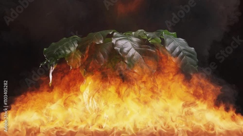 Plant going up in flames demonstrating the concept of a forest fire or vegetation clearing. 