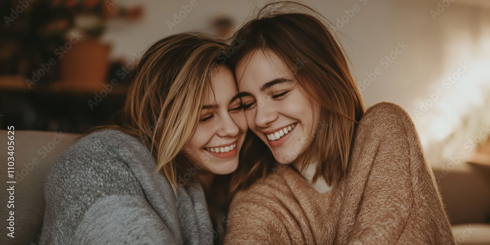 Joyful moment of two young caucasian females sharing a warm embrace indoors Joyful moment of two young caucasian females sharing a warm embrace indoors