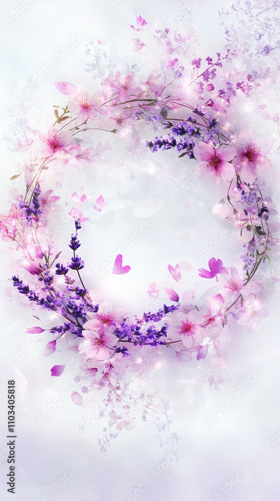 A flowery design with pink and purple flowers and butterflies A flowery design with pink and purple flowers and butterflies