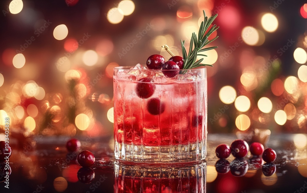 A festive cocktail in a clear glass, garnished with rosemary and cranberries, placed on a reflective bar counter with soft holiday lights A festive cocktail in a clear glass, garnished with rosemary and cranberries, placed on a reflective bar counter with soft holiday lights