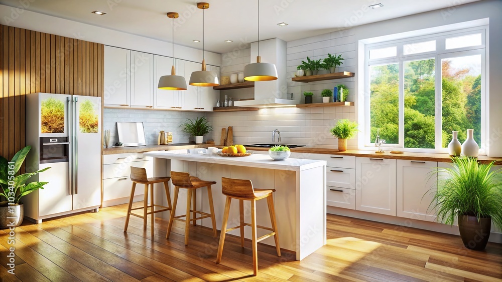 Bright and Inviting White Wooden Kitchen Interior Featuring a Stylish Bar Area and Modern Poster Decor with a Tilt-Shift Photography Effect for a Captivating Perspective Bright and Inviting White Wooden Kitchen Interior Featuring a Stylish Bar Area and Modern Poster Decor with a Tilt-Shift Photography Effect for a Captivating Perspective