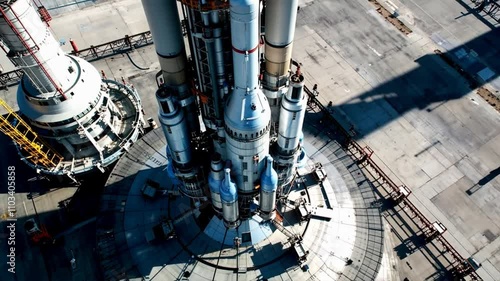 The team conducts final checks on a large rocket positioned on the launch pad at the space center, ready for an exciting journey into space soon. Precision and teamwork define the process
