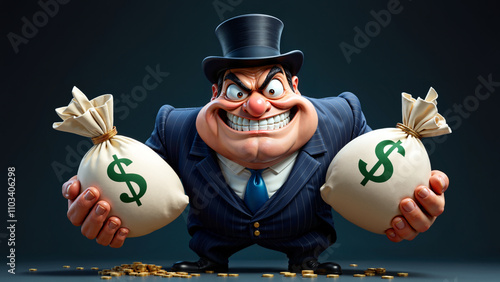 A cartoon businessman proudly holding two big bags of money symbolizing wealth.