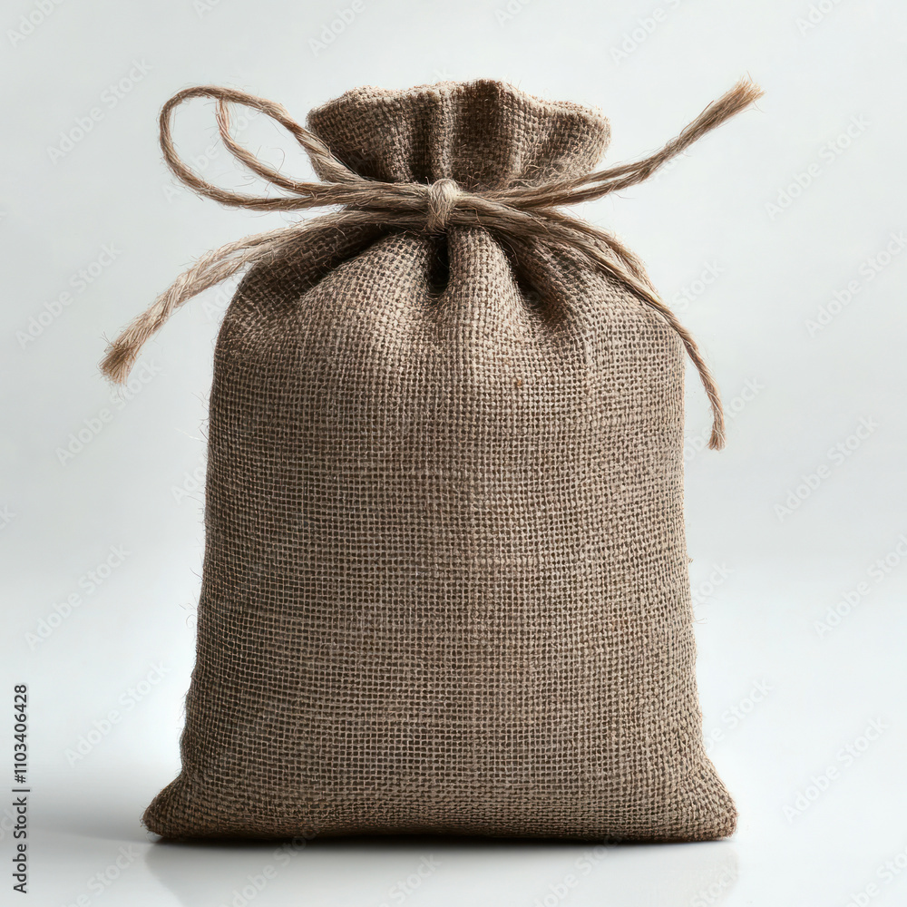 A rustic burlap bag tied with twine, perfect for packaging, storage, or decorative purposes in a minimalist setting. A rustic burlap bag tied with twine, perfect for packaging, storage, or decorative purposes in a minimalist setting.
