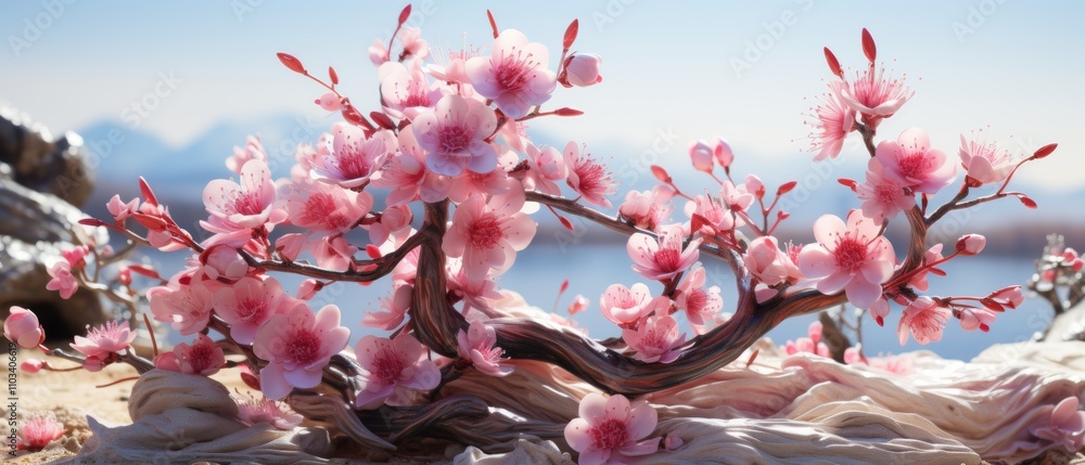 Beautiful Photorealistic Cherry Blossom Tree in Spring Landscape Beautiful Photorealistic Cherry Blossom Tree in Spring Landscape