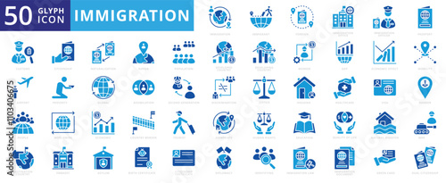 Immigration icon set of gdp, worker, global, people, education, certificate, airport, passport, health care, economic, harbor, housing, justice, war, tourist, diplomacy, visa, natural disaster, native