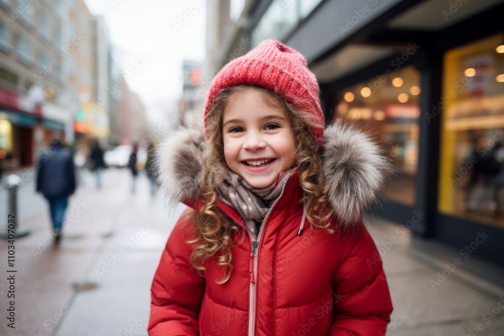 Portrait of a cute little girl in red jacket and hat on the street Portrait of a cute little girl in red jacket and hat on the street