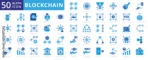 Blockchain icon set of mining, encryption, bank, exchange, fork, cryptography, hybrid, algorithm, transaction, decentralized, financial crisis, internet connection, money laundering, ico, validation