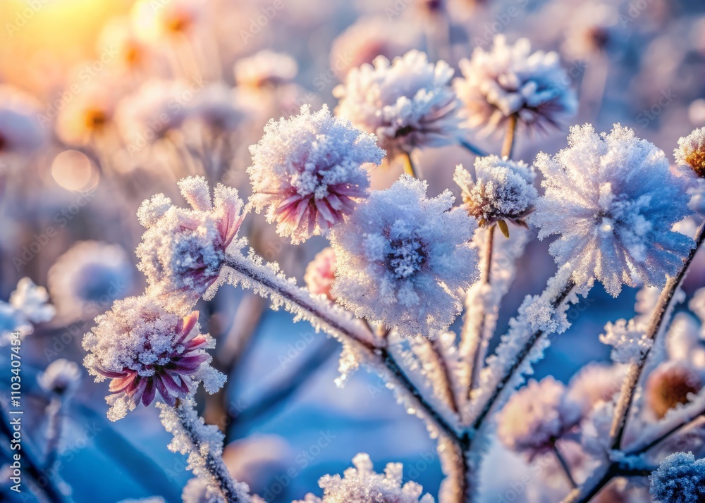 Closeup of Delicate Frosty Flowers with Ice Crystals Capturing the Fragility of Nature in Winter’s Embrace, Showcasing the Intricate Beauty and Transience of Seasonal Change Closeup of Delicate Frosty Flowers with Ice Crystals Capturing the Fragility of Nature in Winter’s Embrace, Showcasing the Intricate Beauty and Transience of Seasonal Change