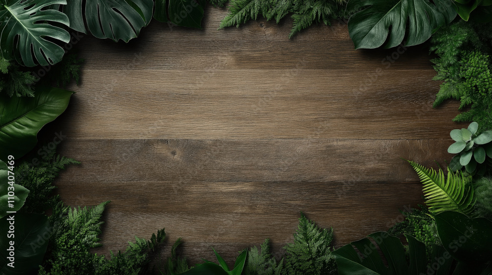 Top view of a wooden surface surrounded by various green tropical leaves and ferns creating a natural border, suitable for background or presentation purposes Top view of a wooden surface surrounded by various green tropical leaves and ferns creating a natural border, suitable for background or presentation purposes