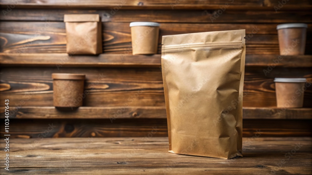 Closeup of Modern White Coffee Bag Mockup on Wood Shelf - Blank Brown Craft Paper Packaging for Coffee Beans, No Label Design for Brand Display in Conceptual Photography Closeup of Modern White Coffee Bag Mockup on Wood Shelf - Blank Brown Craft Paper Packaging for Coffee Beans, No Label Design for Brand Display in Conceptual Photography