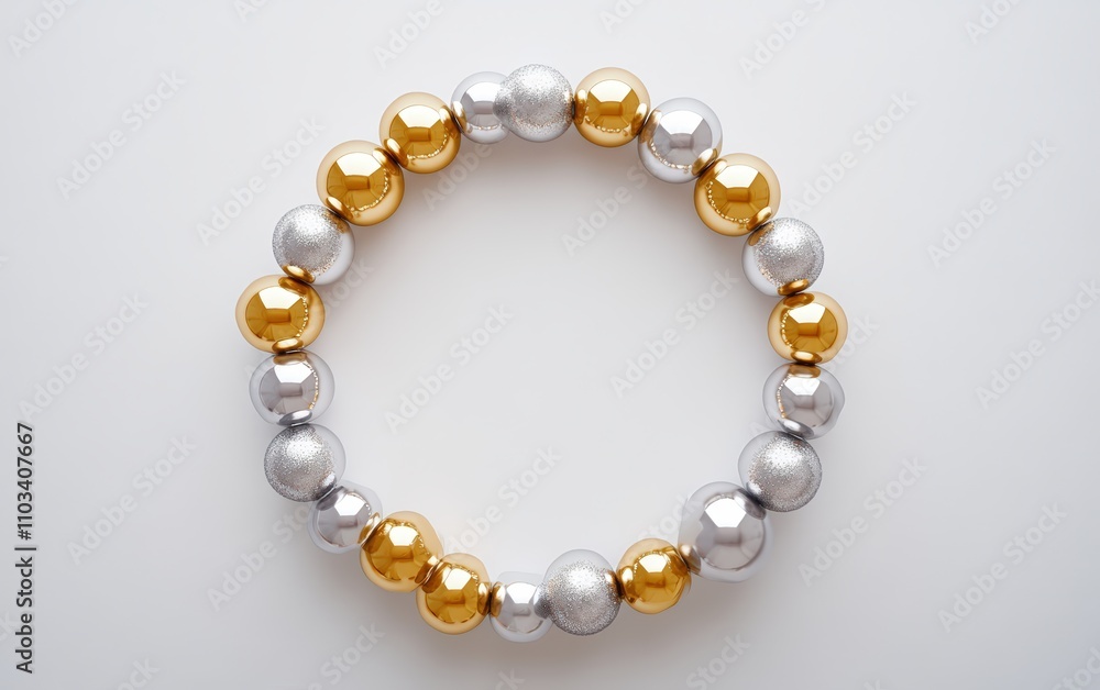A circle made of alternating gold and silver baubles, creating a modern wreath design on white A circle made of alternating gold and silver baubles, creating a modern wreath design on white