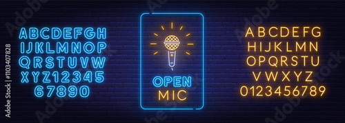 Open Mic Neon Sign on brick wall background. Light poster for a standup show