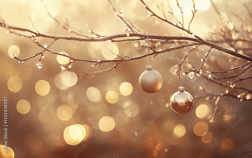 A close-up of ornaments hanging on a tree branch, with blurred golden bokeh lights in the background A close-up of ornaments hanging on a tree branch, with blurred golden bokeh lights in the background