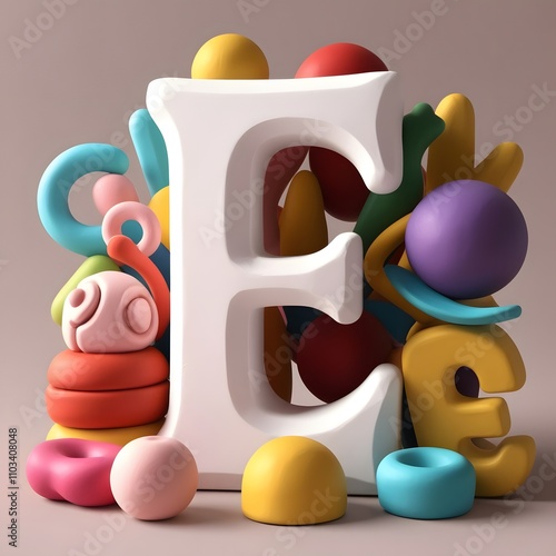 3D Render of the Letter 'E' Surrounded by Colorful Playful Objects in a Stylized Scene photo