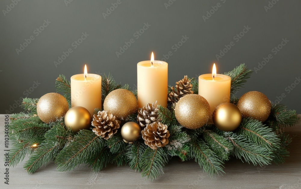 A festive table centerpiece with candles, fresh pine branches, and golden baubles arranged elegantly -- A festive table centerpiece with candles, fresh pine branches, and golden baubles arranged elegantly --